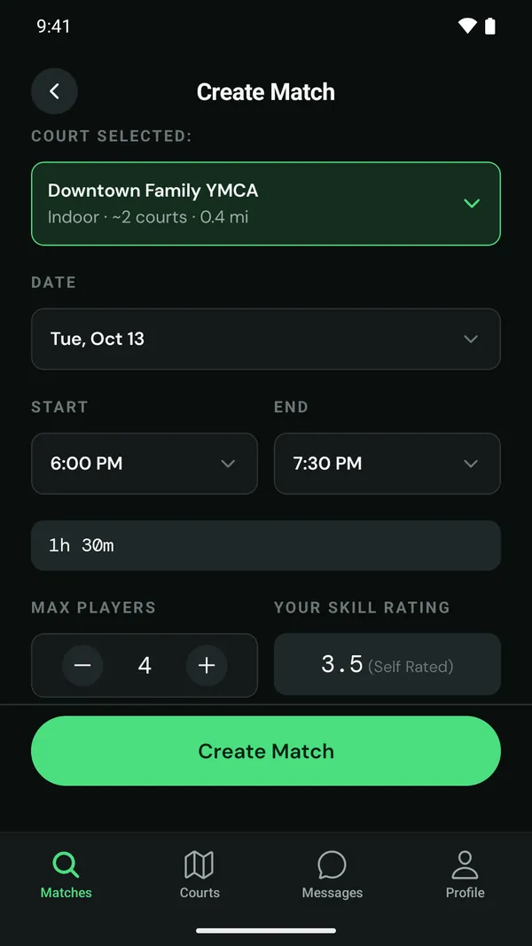 Create Match screen with court, date, start and end time, and max players